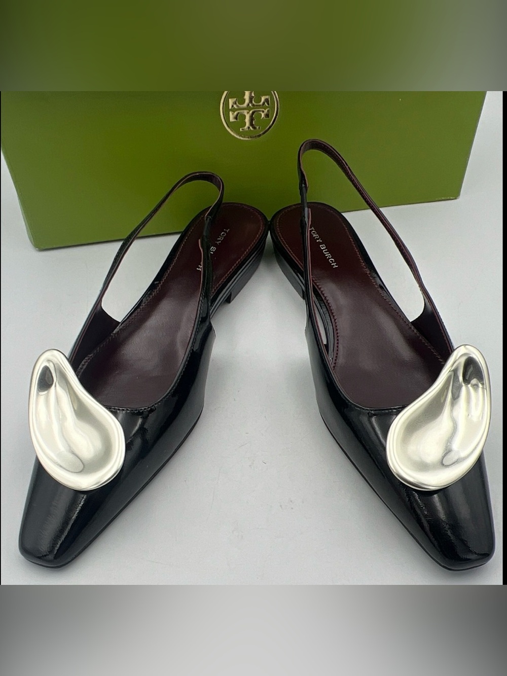 TORY BURCH Patos Leather Slingback Flats Pointed Toe Logo Women’s 7M NEW w/Box - Picture 11 of 16